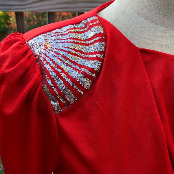 Vintage 80’s red and black sparkle glam rock David Bowie secretary dress - Picture 3 of 4